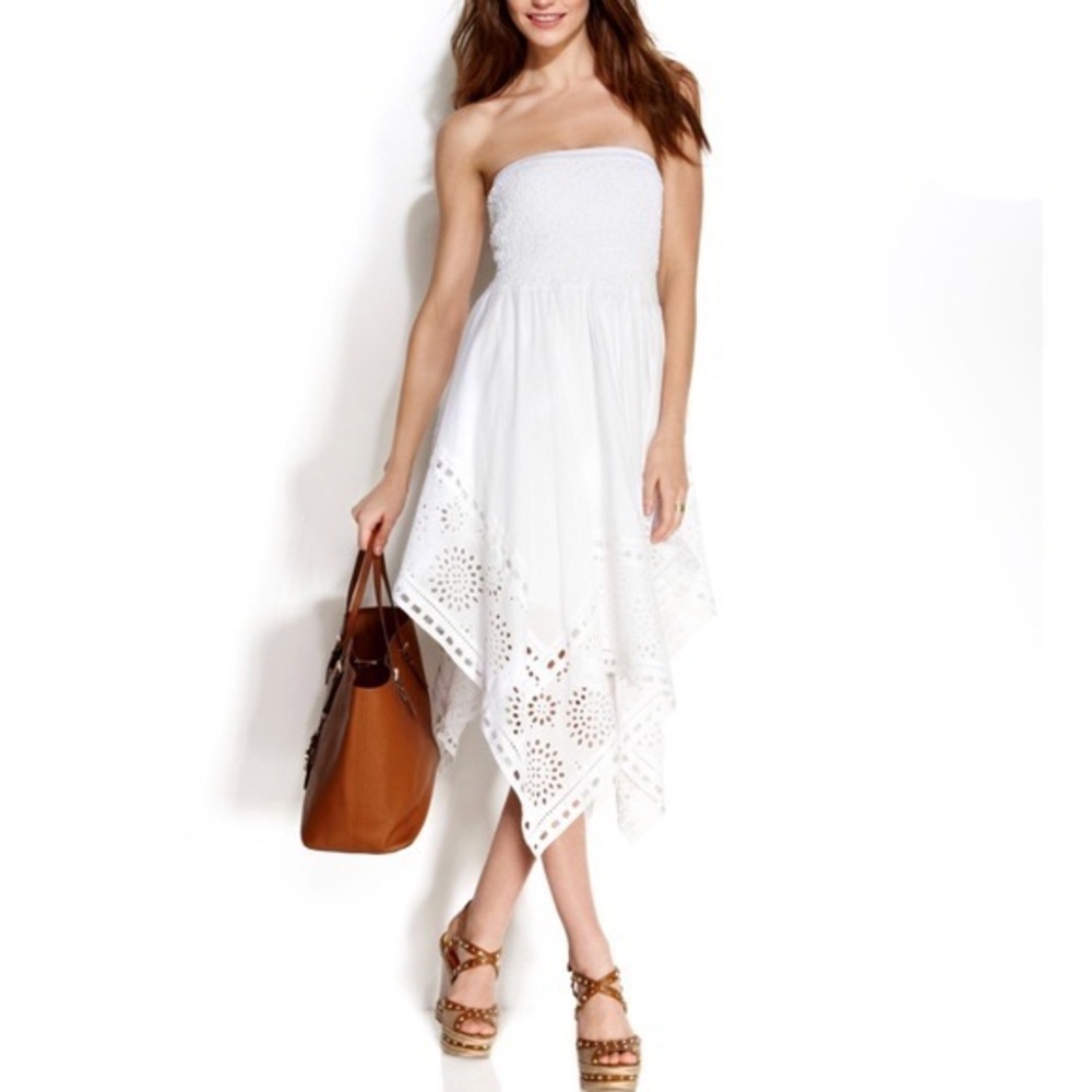 Michael Kors white strapless boho asymmetrical eyelet lace midi dress - Picture 2 of 9